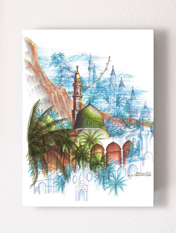 نسخة كانفاس للوحة النسيج التاريخي لمساجد المنورة للفنان البروفيسور عبدالمحسن فرحات